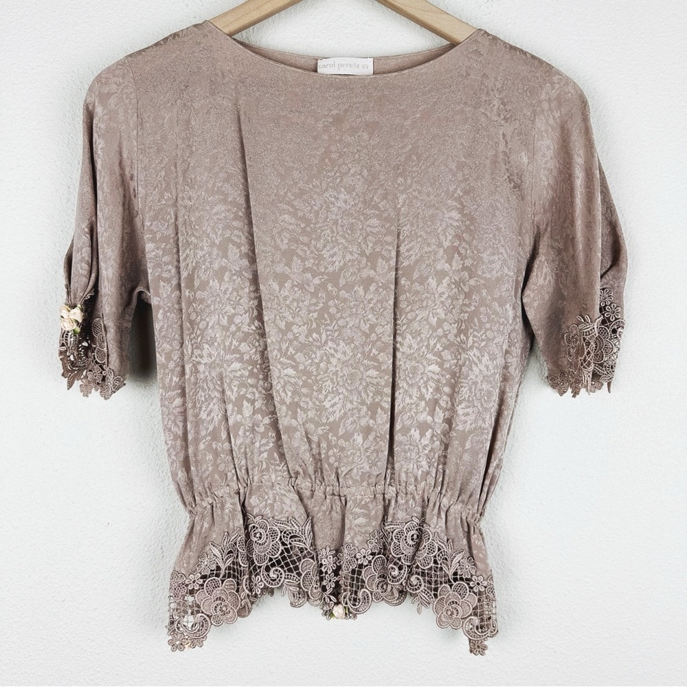 Vintage Carol Peretz Silk Blouse Top Lace Trim Rosettes